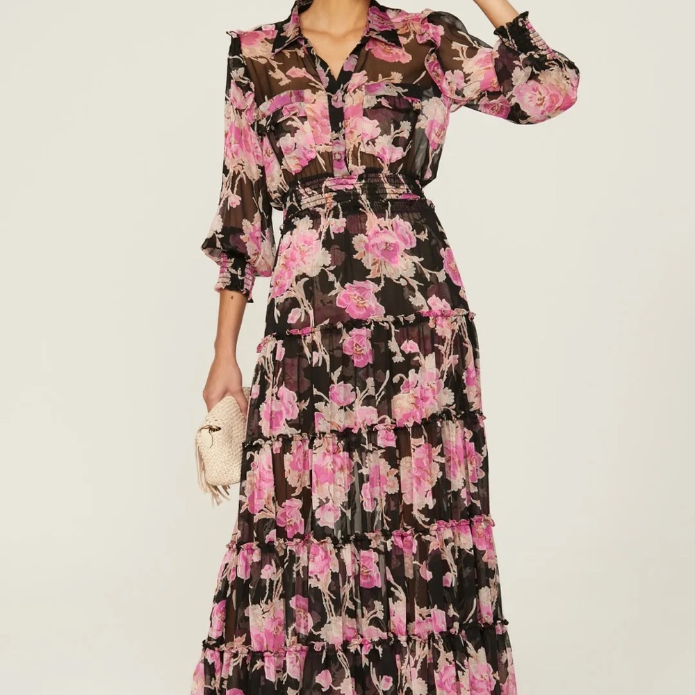 Misa Los Angeles Black and Pink Floral Maxi Dress